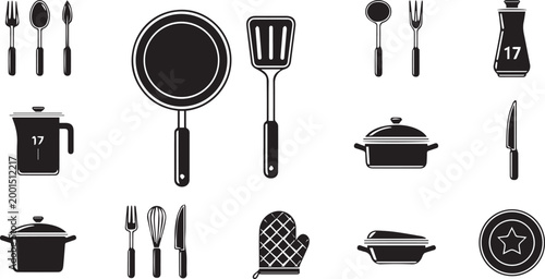 Kitchen Utensils and Cookware Vector Icon Set with Frying Pan, Pot, and Cutlery Symbols
