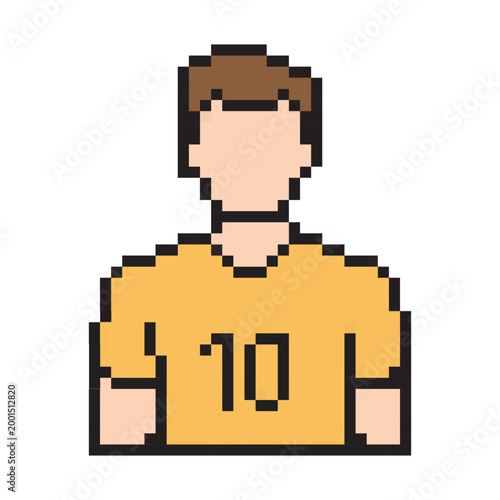 Pixel art vector illustration of a male football player wearing a yellow shirt with number ten. Retro 8-bit style avatar icon of a professional sports athlete.