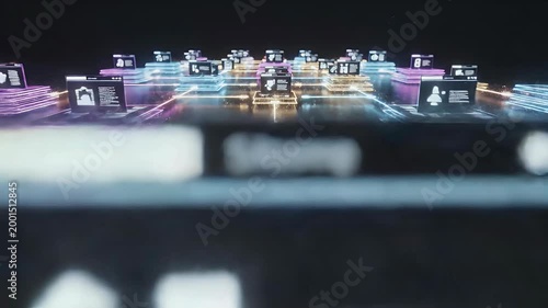 A futuristic digital landscape showcases interconnected data streams and glowing interfaces, suggesting a network of information and technological advancement.