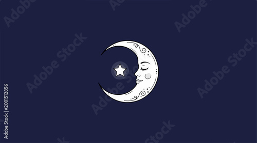 Mystical crescent moon with a sleeping face and glowing star on dark blue background.