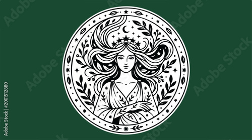 Mystical celestial maiden illustration in circular frame.