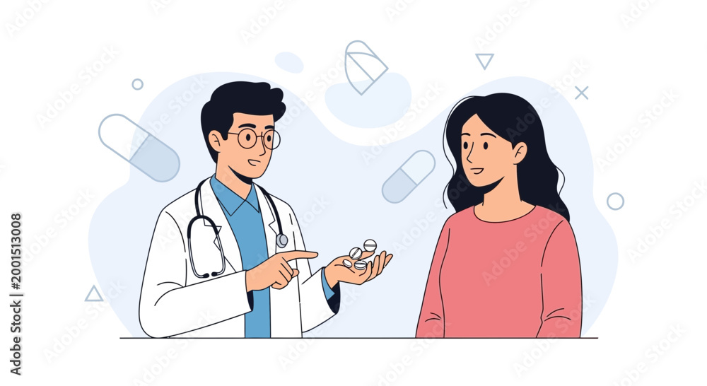 Obraz premium Doctor giving pills to patient, medical consultation, healthcare concept illustration