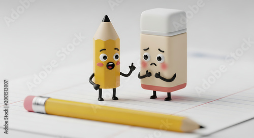 Cartoon pencil and eraser characters engaging in a conversation on a notebook with a yellow pencil