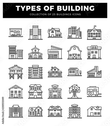 building icons with diverse architectural styles on a white background.