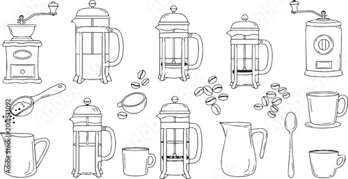 French press coffee doodle vector set coffee utensil sketch illustration collection