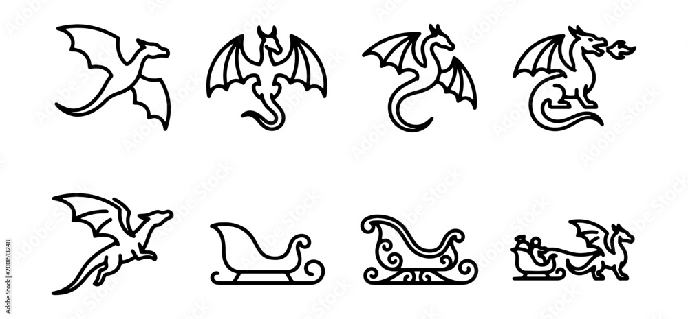 Obraz premium Collection of dragon and bat line art icons