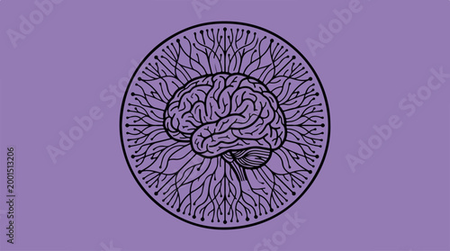 Stylized Human Brain Connected to Digital Neural Network Circuitry.