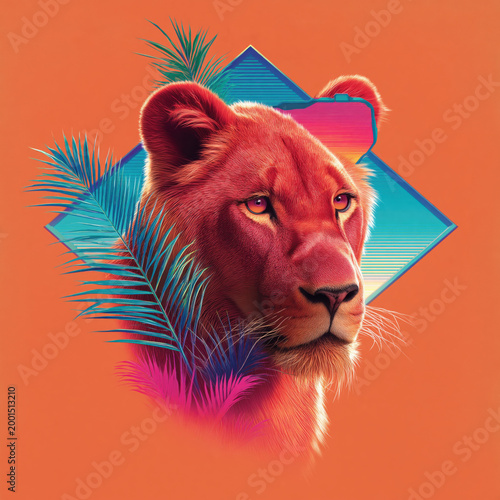 Close up portrait of lioness surrounded by palm leaves and abstract geometric shapes, lofi album cover animal theme with warm tones and cinematic lighting creating bold contemporary surreal artwork