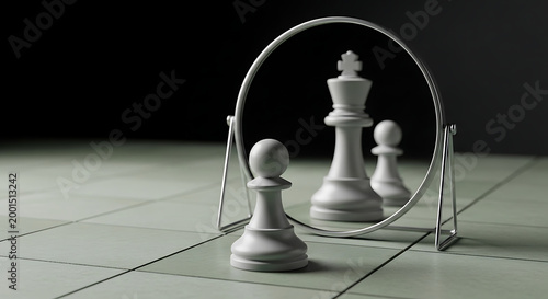 Chess pieces reflected in a circular mirror, set on a green-tiled board, symbolizing strategy