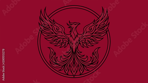 Stylized Phoenix Bird Logo Design on Dark Red Background.