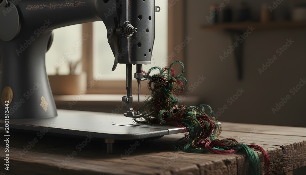 Fototapeta premium Vintage sewing machine with tangled thread on a rustic wooden table in a sunny studio, representing technical failure, frustration, and a complex repair concept for tailors