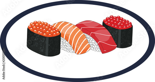 Traditional Japanese Sushi and Nigiri Set Featuring Fresh Salmon, Tuna, and Ikura Red Caviar Gunkan for Asian Restaurant Menus, Seafood Branding, and Gourmet Dining GraphicsTraditional Japanese Sushi 