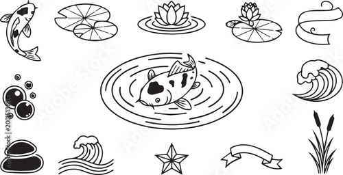 Koi Fish Pond Water Nature Outline Icons Set Isolated on White Background