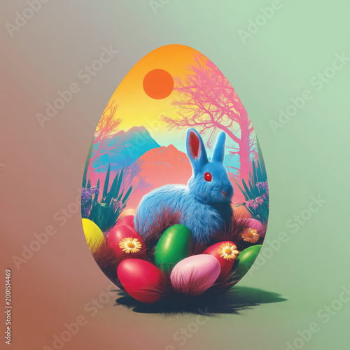 Whimsical bunny inside large Easter egg with colorful eggs and scenic forest under glowing sky, dreamy lofi album cover Easter theme with pastel tones and tranquil surreal composition