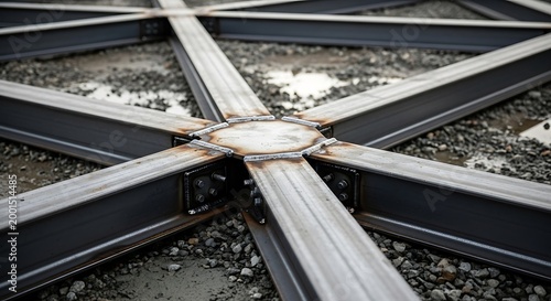 Railway tracks intersection with gravel.