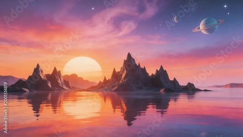 Exotic alien landscape with mountains and planets
