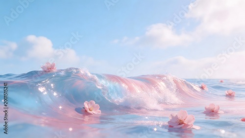 Waves with floating pink flowers