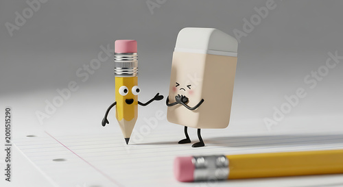 Playful pencil and eraser characters interacting on a notepad, showcasing creativity and fun