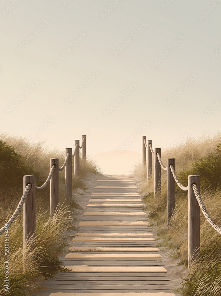 Naklejka premium narrow seaside boardwalk with soft foam bands and wooden boardwalk, rope posts, and far island glow, seaside bestseller decor