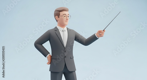 Professional animated character giving a presentation with a pointer in a minimalistic setting