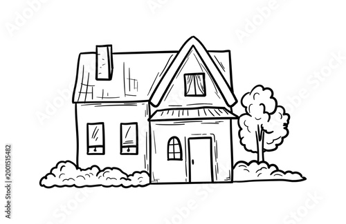 A rustic house with a fence and bushes, a hand-drawn sketch. Vector illustration. Cottage with porch and isolated tree on a white background