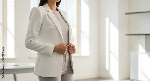 Professional woman adjusting her white blazer in a bright, modern office setting