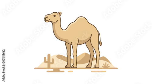One Hump Camel Standing in Desert Landscape with Cactus and Sand Dunes