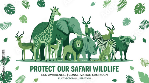 Protect Safari Wildlife: Diverse African Animals Conservation Campaign Flat Vector Illustration