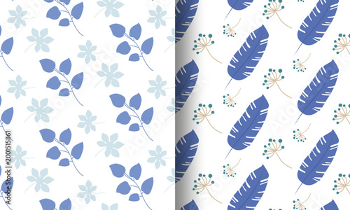 Tableau sur toile Two botanical seamless patterns, one with blue leafy branches and flowers, the o