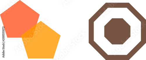 Modern minimalist geometric logo set with overlapping pentagons and a brown industrial octagon tech illustration