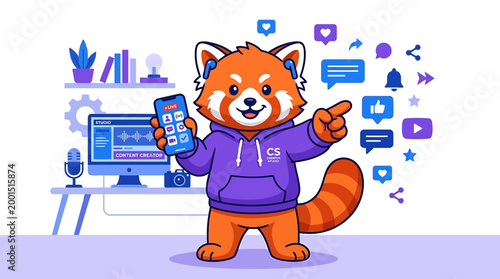 Red Panda Influencer with Smartphone and Social Media Icons, Content Creation Concept