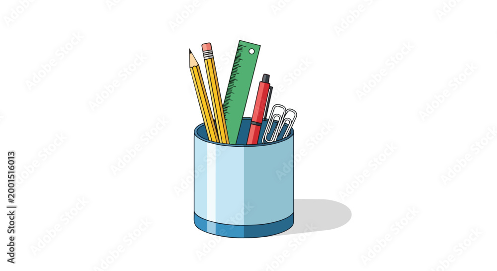 Fototapeta premium School and Office Supplies Stationery Set in Blue Pencil Holder Cup with Ruler Pen and Pencils Vector Illustration
