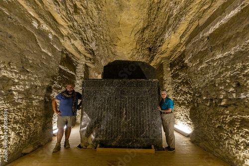 Large Black Granite Sarcophagus Inside Ancient Tomb at Saqqara Egypt