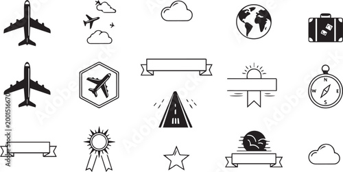 Travel and Aviation Vector Icon Set with Airplane, Globe, Compass and Luggage Icons