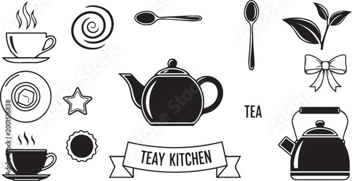 Tea Kitchen Beverage Outline Icons Set Isolated on White Background