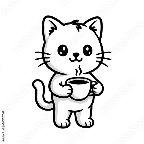 Logo cafetería. Dibujo sencillo con líneas de un gato simpático de pie, tomando una taza de café caliente	
