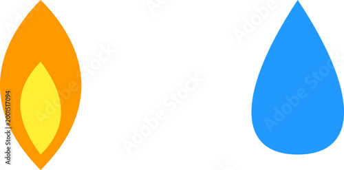 Simple flat icons representing a glowing orange fire flame and a blue water drop illustration