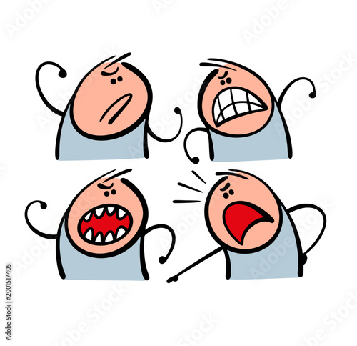 Cartoon set of four aggressive characters. Vector illustration collection of people arguing, fighting, swearing. Stickman attacks the opponent, screams, punches. Negative doodle art behavior.
