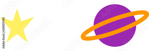 A minimalist graphic featuring a bright yellow star beside a simple purple ringed planet illustration