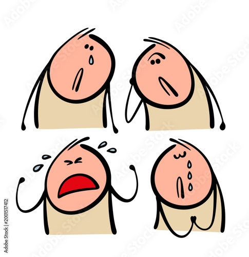 Cartoon set of four characters with sad emotions. Vector collection of stickman sobs, suffers and gets depressed. Tears roll down my cheeks. Men need psychological help.