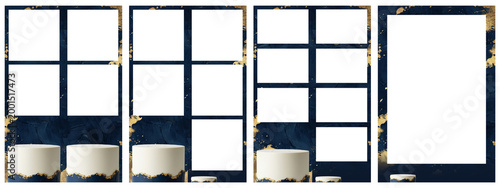 Collage Photo Booth Templates with White Copy Space on Dark Blue Textured Background with Gold Accents