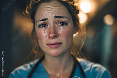 Tired and tearful female healthcare worker in scrubs with stethoscope, close-up portrait conveying exhaustion, compassion, and frontline stress