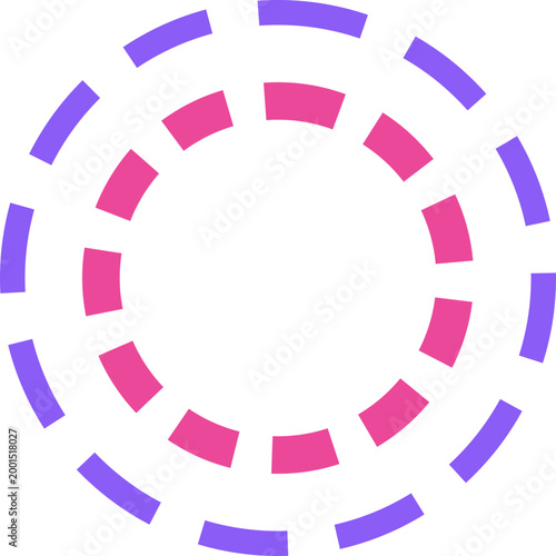 Minimalist geometric graphic featuring two concentric dashed rings of purple and pink on white illustration