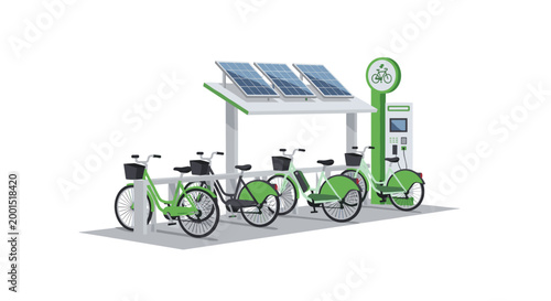 Several green electric bicycles are parked neatly at a modern charging station powered by large solar panels under a bright and clear daytime sky.