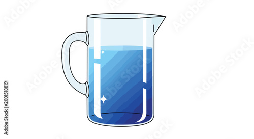 Clear Glass Pitcher Filled with Fresh Blue Water Vector Illustration Isolated on White Background