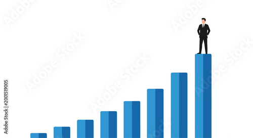 A professional businessman in a dark suit stands triumphantly atop the highest bar of a blue ascending growth chart against a clean white background.