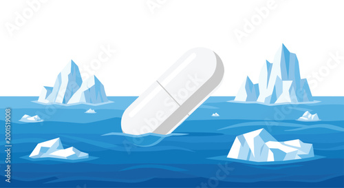 A massive white pharmaceutical capsule floats amidst jagged icebergs in a deep blue arctic ocean under a bright white sky in this conceptual image.
