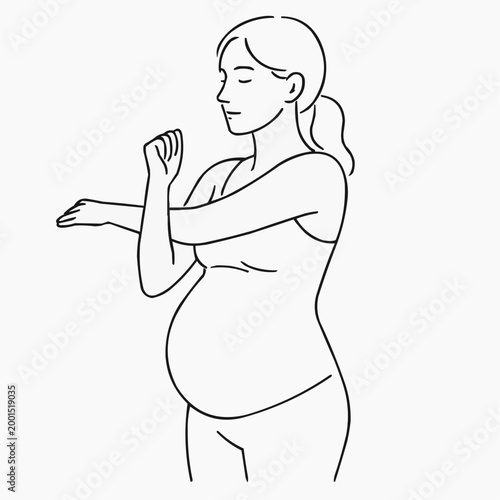 Pregnant woman stretching in yoga pose, relaxed and focused, on minimalistic background