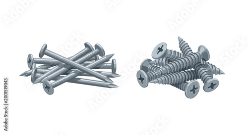 A detailed illustration shows two separate piles of metallic construction hardware featuring smooth steel nails on the left and threaded screws on the right.