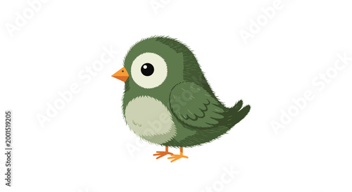 An adorable fluffy green bird with a prominent white eye circle and tiny orange legs stands solitary against a stark and clean white background.